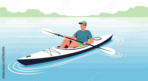 Kayaking Amidst Calm Waters: A Serene Illustration of Outdoor Recreation