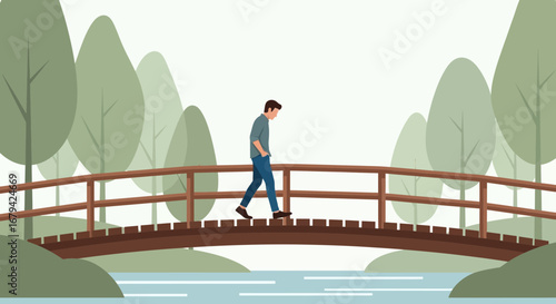 Man Strolling Across Quaint Wooden Bridge Amidst Serene Verdant Park Scenery