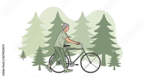 Man Strolling With Bike Amidst Forest Background, Illustration In Calm And Peaceful Nature
