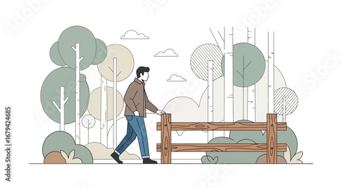 Man Strolling Along A Rustic Fence In A Forest, Vector Illustration, Nature