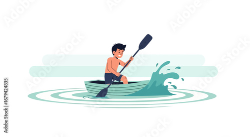Kayaking On The Lake: A Cheerful Person Paddling a Boat on Clear Water