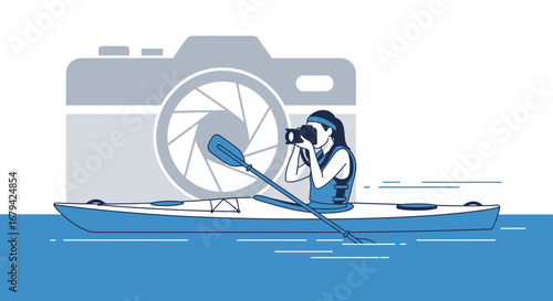 Kayaking Photographer Capturing Scenic View, Adventure Photography Concept Illustrated