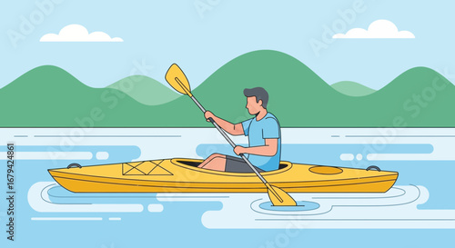Kayaking On Serene Waters With Mountain Scenery And Vibrant Colors Illustrated