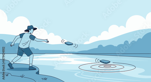 Man Throws A Frisbee Toy In The Lake During A Sunny Day With Relaxing Mountains View