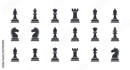 A black and white image of chess pieces set