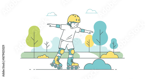 Kid Enjoying Outdoor Roller Skating In Sunny Park Featuring Protective Gear And Stylish Design