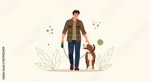 Man Walking His Dog On A Leash While Petting Him, Illustration Style Vector
