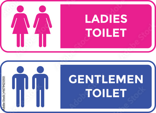 A sign displaying the symbols and text for ladies' and gentlemen's toilets, with pink and blue backgrounds respectively.