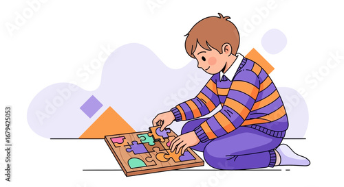 Kid Focused On Puzzles, Solving Mind Games, And Developing Cognitive Skills