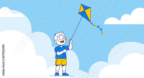 Kid Joyfully Flying His Vibrant Kite On A Wonderful Sunny Day With Cloudscape Background