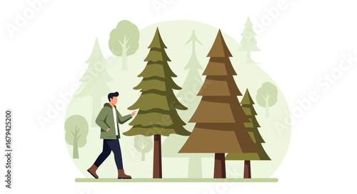 Man Walking Near Pine Trees in Forest Environment for Nature Illustration