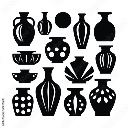 Collection of black silhouette vases and decorative objects on white background pottery ceramic
