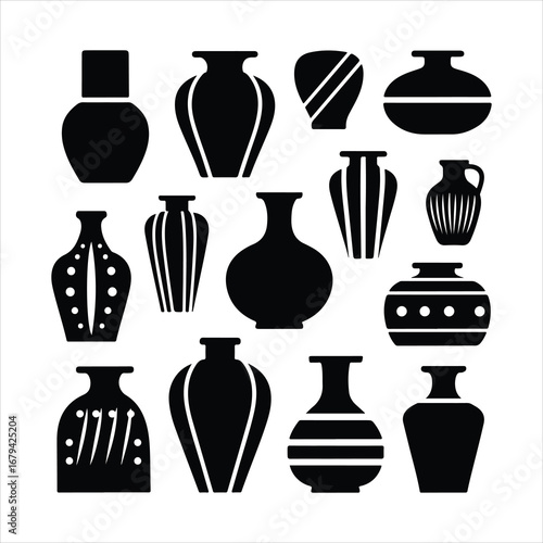 Collection of black silhouette vases and amphorae with various decorative patterns pottery ceramic