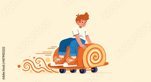 Kid on a roll cake skateboard illustration - whimsical dessert transportation concept
