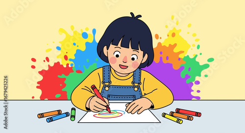 Kid Painting And Creating Art Colorful Splashes Fun Creative Illustration Concept