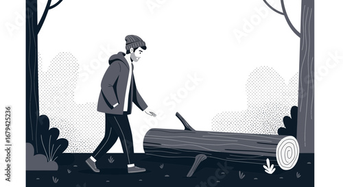 Man Walking Near Fallen Timber In a Forest, Searching, Contemplating, Or Exploring