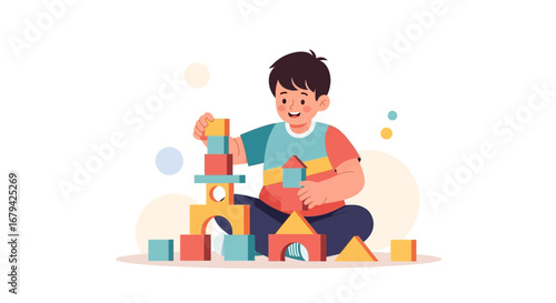 Kid playing with building blocks, educational toys, vector illustration on white background