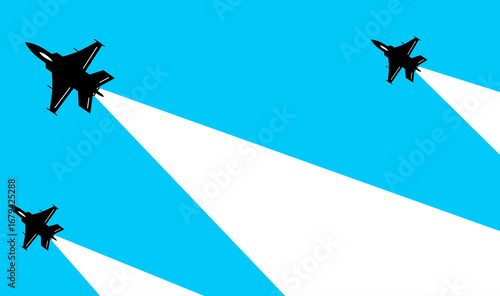 Dynamic illustration of fighter jets in flight showing three powerful military aircrafts cutting through the bright blue sky with bold white smoke trails.