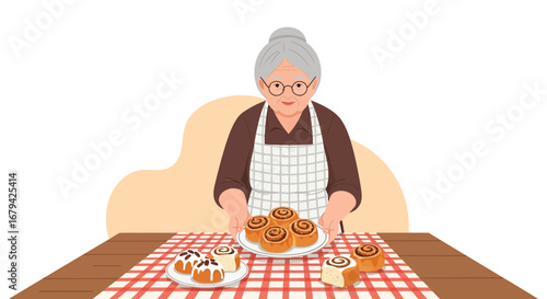 Kind Granny Presenting Fresh Cinnamon Rolls on a Tabletop with Baked Goods