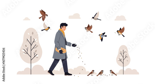 Kindness Of Man Feeding Birds In A Peaceful Park During A Calm Day