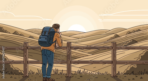 Man with backpack admiring a scenic sunrise in the mountains with landscape