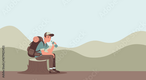 Man with backpack is drinking water and resting during a hiking trip