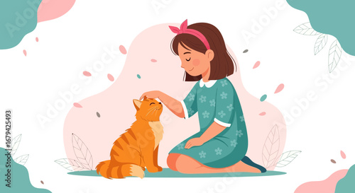 Kindred Spirit: A Young Girl Tenderly Petting a Happy, Affectionate Cat