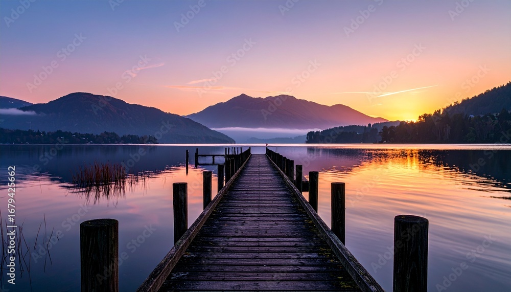Obraz premium Breathtaking view of a wooden pier on a still lake during a vibrant sunrise, with mountains silhouetted against a colorful morning sky
