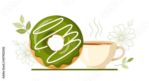 Matcha Donut And Coffee Cup Illustration With Floral Embellishments On White Background