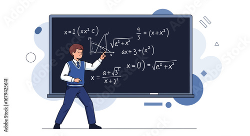 Mathematics Instructor Explaining Algebraic Equations And Geometric Diagrams On Chalkboard