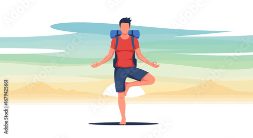 Meditating Hiker Balancing In Nature During A Peaceful Sunrise Moment