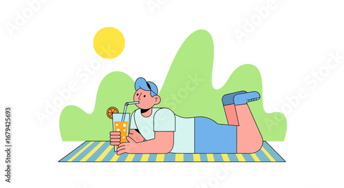 Leisure Person Relaxing Outdoors Drinking Orange Juice, Summer Heat Relaxation Scene