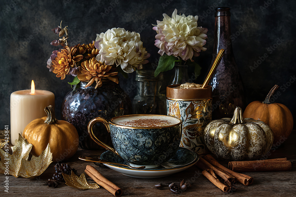 Fototapeta premium Cozy autumn scene with warm candle, festive pumpkins, and a steaming cup of coffee, creating a perfect fall ambiance.