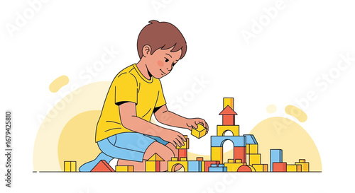 Little Boy Building A Colorful Wooden Structure With Creative and Geometric Blocks