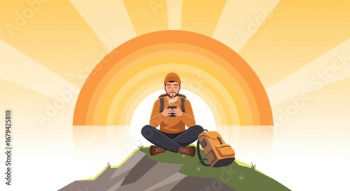 Meditative Hiker Utilizing Smartphone at Sunrise, Reflecting Peacefully in Serene Scenery