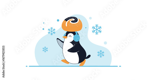Merry Penguin Delivers Pastry While Enjoying The Snowfall In A Playful And Cheerful Style