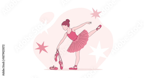 Minimalist illustration of a ballerina in a pink tutu and ballet shoes on white background