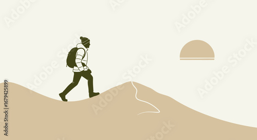 Minimalist Illustration of a Hiker Ascending a Mountain Towards the Sunset