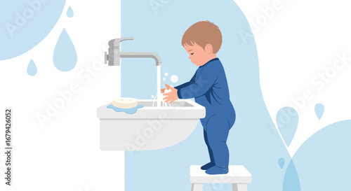 Little Boy Washing Hands Under Running Water In Bathroom For Hygiene Purposes