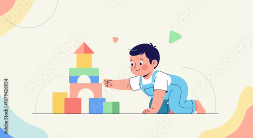 Little Child Building And Playing With Colorful Artistic Blocks, Happy Baby