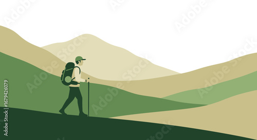 Modern Hiking Illustration Depicts Person Traveling Across Mountainous Green Landscape