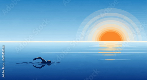 Minimalist Swim at Sunset Depicting Endurance, Tranquility, Fitness and Solitude