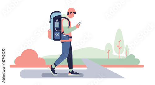 Modern Hiker Navigating On The Trail Using Smartphone Technology While Camping