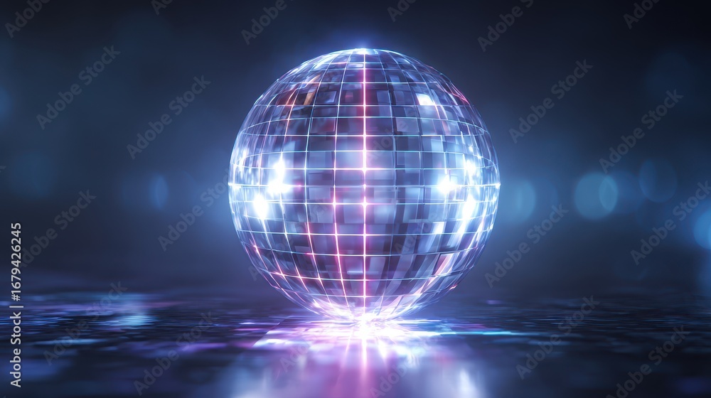Obraz premium Radiant Digital Sphere - A Luminous Grid Orb Pulsating with Neon Blue and Purple Light.