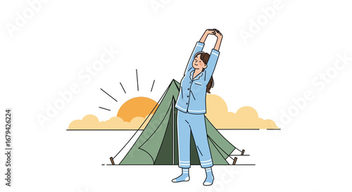 Morning Stretches Under The Sun: A Camping Adventure Begins, Fresh Start Illustration