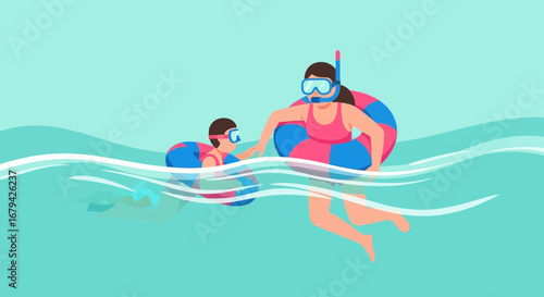 Mother and Child Enjoying Snorkeling in the Water, Summer Vacation Concept
