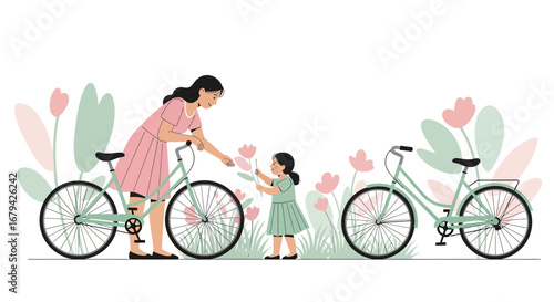 Mother And Daughter Enjoying A Bicycle Ride Picking Flowers Together In The Park