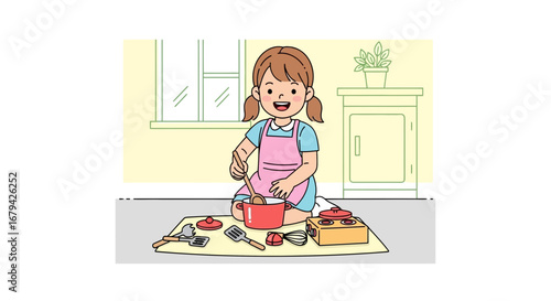 Little Girl Pretending To Cook With Toy Kitchenware In A Joyful And Playful Scenario