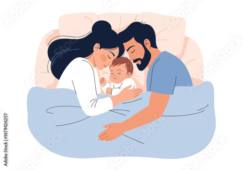 Loving parents and baby sleeping peacefully together in bed