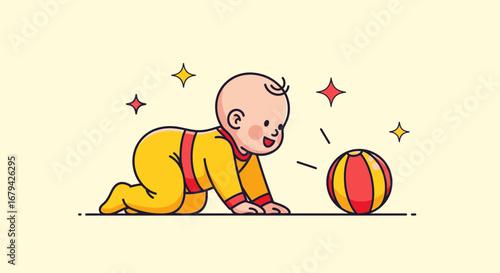 Little One Reaching Out For The Bright Ball With A Cheerful Expression Of Joy
